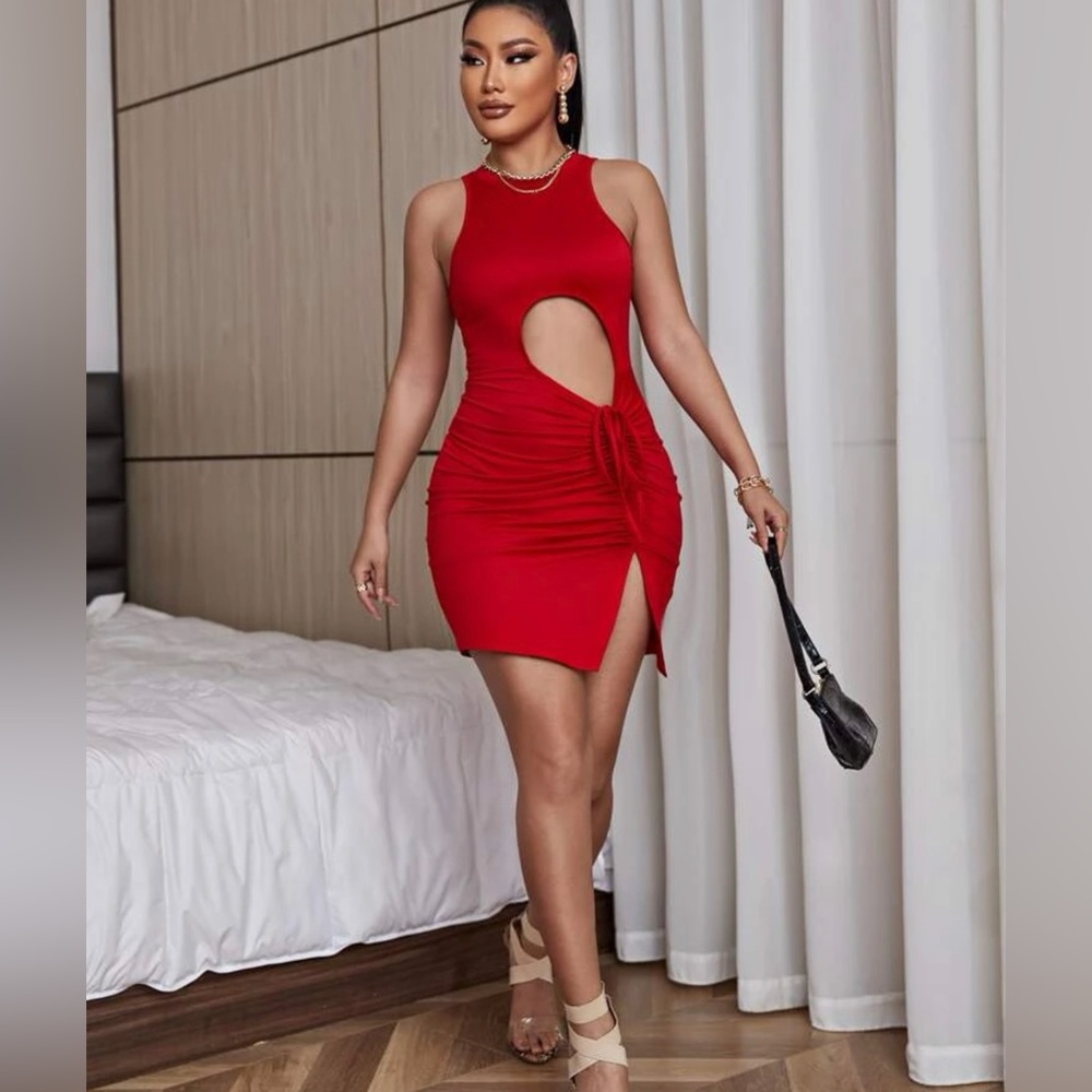 Cut Out Drawstring Split Hem Bodycon Dress